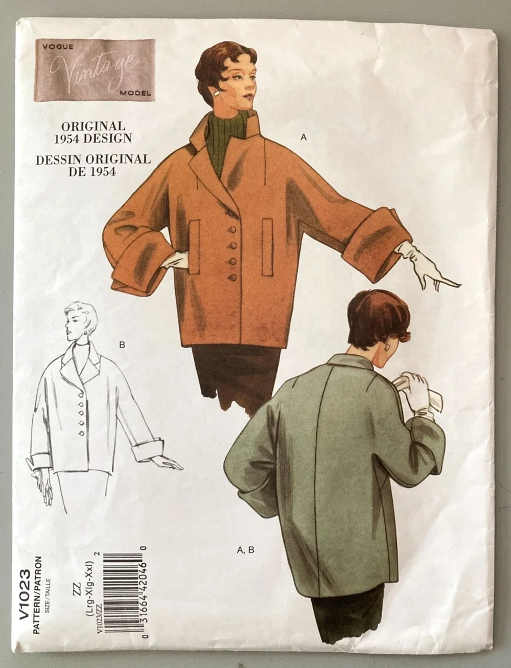 Vintage Vogue V1023 Classic 1950s Box Coat Jacket Misses Pattern Sz L-XXL Uncut